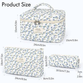 YMIFEEY Pack of 3 Cosmetic Bag Toiletry Bag Women's Toiletry Bag Make Up Bag Large Small Set Makeup Bag Wash Bag Travel Cosmetic Bag Beauty Case Organiser for Women, Blue Flowers, floral pattern