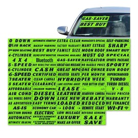 Clean Carfax Slogan Window Stickers for Car Dealerships - Black on Fluorescent Green - Weatherproof Vinyl - 14.5" × 2.75" - Easy On/Off Adhesive - Pack of 48