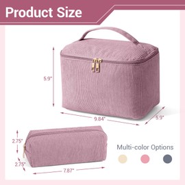 MAGEFY 2Pcs Makeup Bag Set (1 Large + 1 Small), Corduroy Travel Cosmetic Organizer with Handles, Toiletry Bags for Women