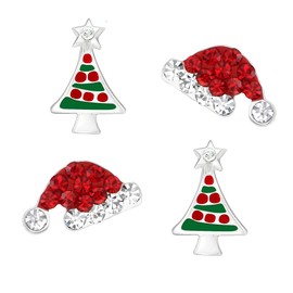 Five-D 2 Pairs of Christmas Santa Hat and Christmas Tree Earrings, 925 Sterling Silver, in a Jewellery Case, Sterling Silver, klar