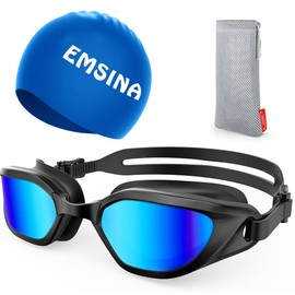 Emsina Swim Goggles, Swimming Goggles Swim Pool Goggles Anti Fog Super Clear Vision for Men Women Adults Youth_BlackBlueCap