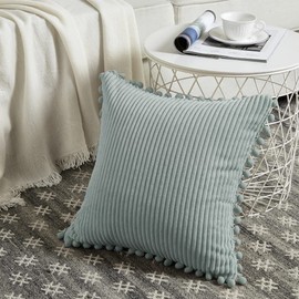 Fancy Homi Pack of 2 Farmhouse Boho Decorative Throw Pillow Covers with Pom-poms, Soft Corduroy Solid Square Cushion Cases Set for Couch Sofa Bedroom Car Living Room (20x20 Inch/50x50 cm, Grey Blue)