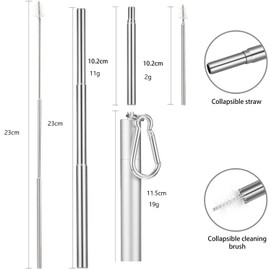 Oiaussie Reusable Metal Straw Collapsible Stainless Steel Drinking Straw Portable Telescopic Straw with Cleaning Brush, Aluminium Case and Carabiner Hook Keychain (Silver)