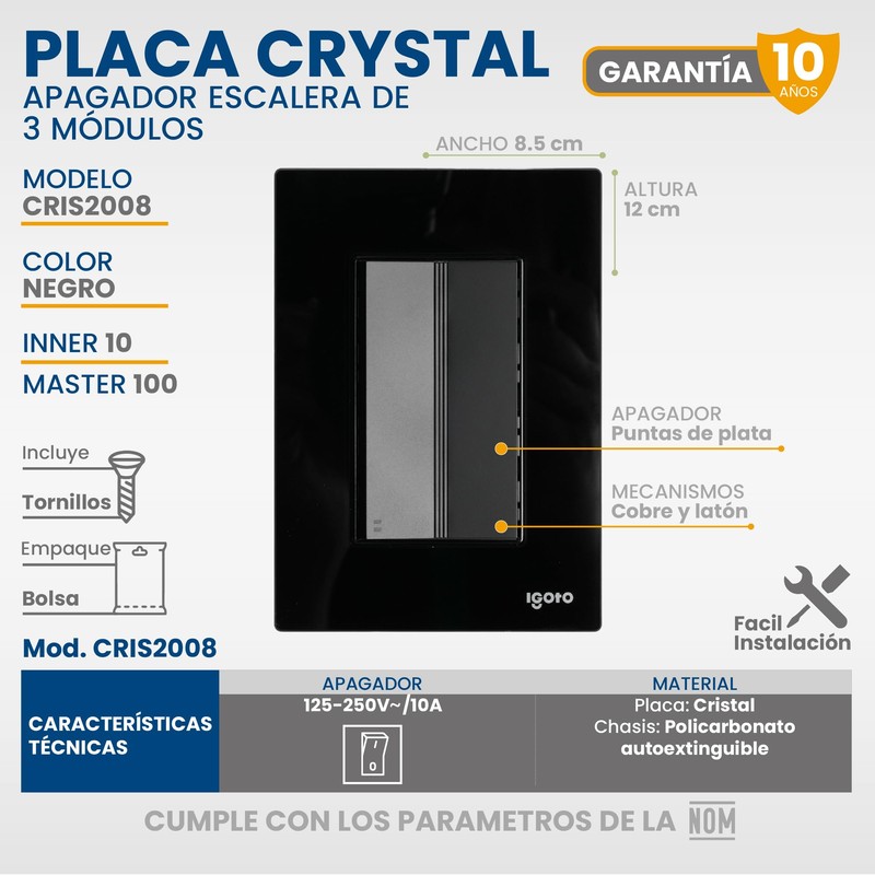 Placa Armada Cristal con 1 Apagador Escalera de 3 Módulos