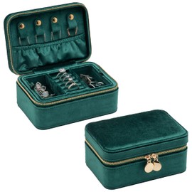 COWFEX Velvet Travel Jewelry Organizer Box with Zipper Around,Portable Travel Accessory Jewelry Display Tray Holder Storage Box for Multiple Earrings Rings Necklaces Bracelets (Green)