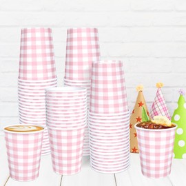 JCTHKUKU 100 Pcs Gingham Paper Drinking Cups, Pink Checkered Disposable Cups for Girl Baby Shower, Bridal Picnic, Birthday, Hot Cold Beverage, Pink Gingham Party Supplies & Decorations (9 oz)