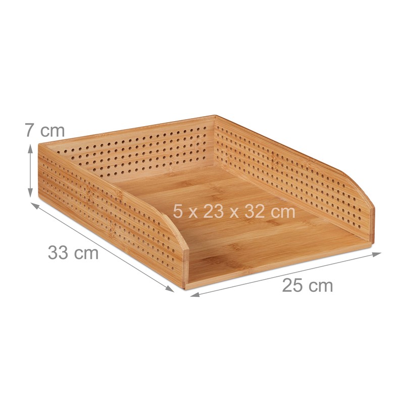Relaxdays Bamboo Document Holder Tray, Perforated, Stackable, A4, Desk Organizer,