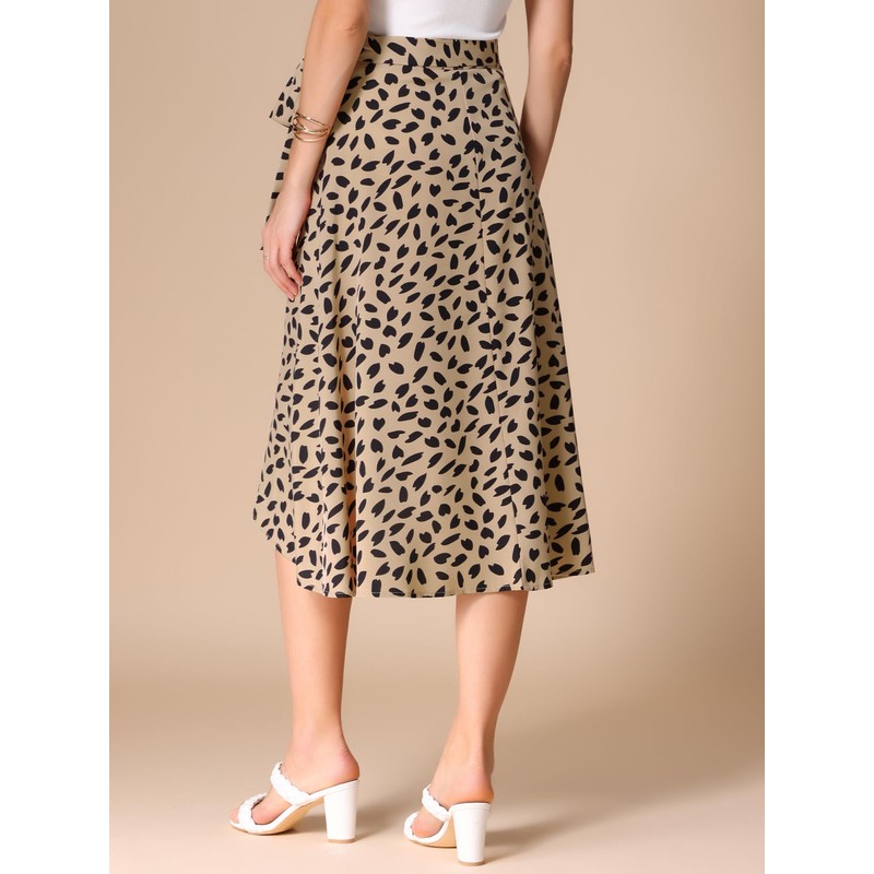 Allegra K Women's Printed Midi Skirt Tie Front with Slit