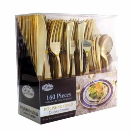 Lilian 160 Pack Gold Plastic Cutlery Disposable Silverware 80 Forks 40 Knives 40 Spoons