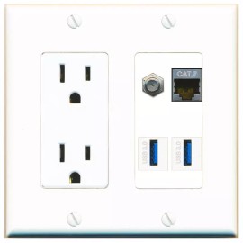 Wall Plate City CAT7 COAX 2 USB-3 Port Wall Plate w/Power Outlet White