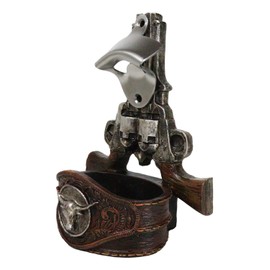Ebros Gift Wild West Western Cowboy Double Revolver Gun Pistols Silver Texas Longhorn Concho Wall Mounted Soda Beer Glass Bottle Cap Stainless Steel Metal Opener Sculpture Man Cave Accent