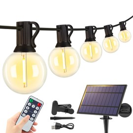 Larkvue 25FT Solar String Lights Outdoor with Remote, Waterproof Dimmable 3 Modes Patio Lights with 10+1 LED Shatterproof G40 Bulbs for Backyard-Black