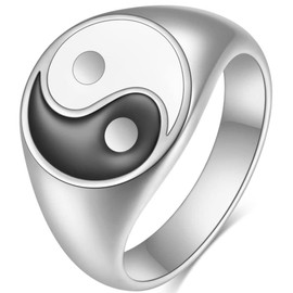 Jude Jewelers Stainless Steel Round Signet Shape Chinese Taiji Yin-Yang Feng Shui Cocktail Party Biker Ring (Silver, 4)