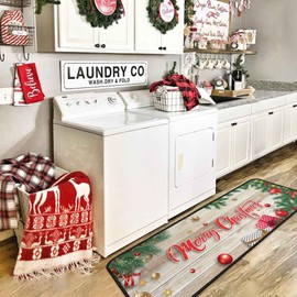 flippana 2 Pcs Christmas Kitchen Rugs and Mats for Floor Non-Slip Backing Mat Merry Christmas Kitchen Decor Anti Fatigue Kitchen Rug Sets with Runner Xmas Decor (Christmas 02, 17"x47.2"+17"x30")