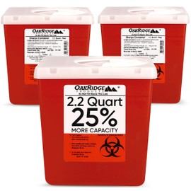 Oakridge Products Transparent Sharps Container for Home Use and Professional 2.2 Quart (3-Pack), Touchless Biohazard Needle and Syringe Disposal, Rotating Lid, CDC Certified