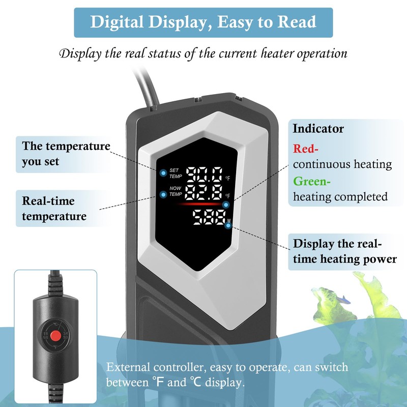 HITOP 800W Titanium Aquarium Heater: Digital Fish Tank Heater with