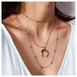 Cimenexe Bohemian Layered Moon Pendant Necklace Gold Crescent Moon Choker Vintage Satellite Chain Necklace Jewellery for Women and Girls