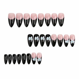 MERVF Almond Press on Nails Medium Fake Nail Black French Tip Glue ons Acrylic Nails Flower Design Stiletto Supplies DIY Manicure Glossy 24pcs