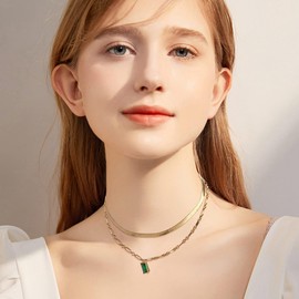 ZELORES Layered Choker Necklaces For Women 14k Gold Plated Dainty Snake Chain Paperclip Chain Necklace Emerald Green Rectangle Pendant Necklace