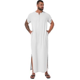 YAOHUOLE Arabic Thobe for Men Short Sleeve Mens Caftans Loungewear White M