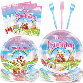 96Pcs Candyland Party Supplies Candyland Birthday Paper Plates Napkins Disposable Candy Land Party Decorations Sweet Candy Dinnerware Party Favor for Baby Shower Birthday Party Tableware Serves 24