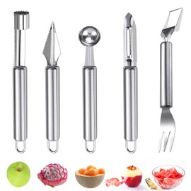 TAIHOBO 5PCS Melon Baller Scoop Set, Stainless Steel Watermelon Cutter, 2 in 1 Melon Cutter, Serrated Apple Corer with Hanging Loop, Fruit Potato Peeler ＆ DIY Fruit Carving Tool, for Different Fruits