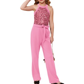 GRACE KARIN Girls Sequin Patchwork Jumpsuit Cut-out Shoulder Flared Bottom Outfit Dark Pink 12-14 Years