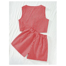 SOLY HUX Women's Summer 2 Piece Outfits Plaid Print Sleeveless Tie Front Tank Top Vest Shorts Beach Vacation Set Red and White Large