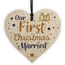 RED OCEAN First Christmas Married Wooden Xmas Tree Decoration Heart Bauble Gift Mr & Mrs Husband Wife