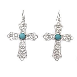 Simulated Turquoise Blue Stone Rhinestone Silver Tone Cross Dangle Drop Earrings