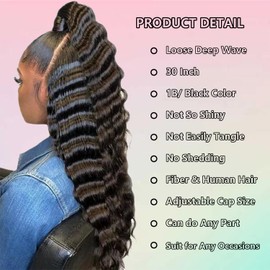 VIPPRETTY 13X6 HD Lace Front Wig,30Inch Glueless Loose Deep Wave Wig Natural Black.Synthetic Lace Front Wigs Human Hair Touch,Vogue Highlight Technology-Premium Fiber & Human Hair Blended.