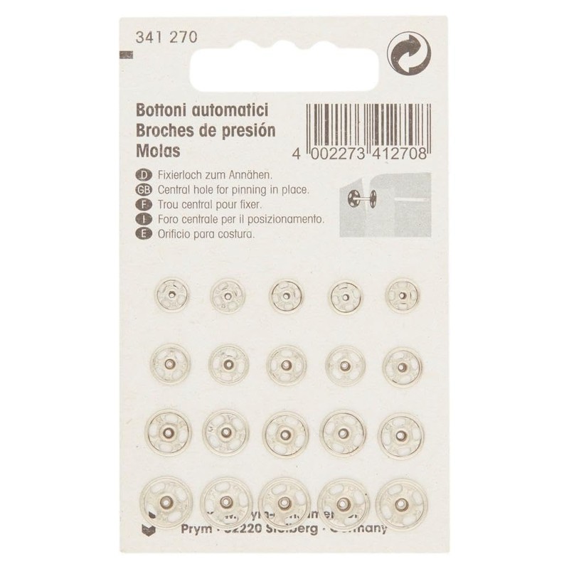 Prym Sew-On Snap Fasteners Brass 6-11 mm Silver col