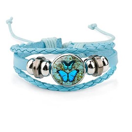 KIFEDSLJ Butterfly Braided Leather Bracelet Adjustable Butterfly Wing Charm Bohemia Leather Wrap Bracelets for Women-blue