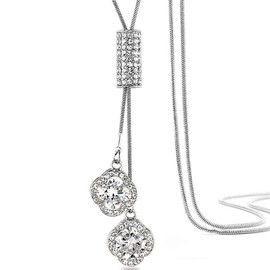 Four Leaf Clover Long Necklace Cardigan Chain Hanging for Women and Girls (Silver), Metal
