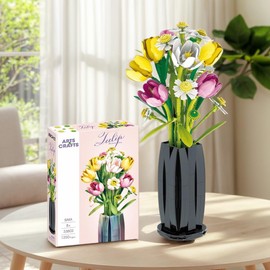 GreenPastures Flower Bouquet Building Set - 1250 PCS DIY Tulips & Daisies with Vase, Creative Bouquet Decoration for Girls, Women & Adults, Gift for Valentine’s Day, Birthdays & Mother’s Day