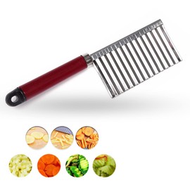 koofull Crinkle Cutter Knife Stainless Steel Cutting Tool for Potato Carrot Chip Vegetable French Fry, Wavy Chopper Wave Slicer Steel Blade, Kids Lunch Accessories (Longer Red Handle)
