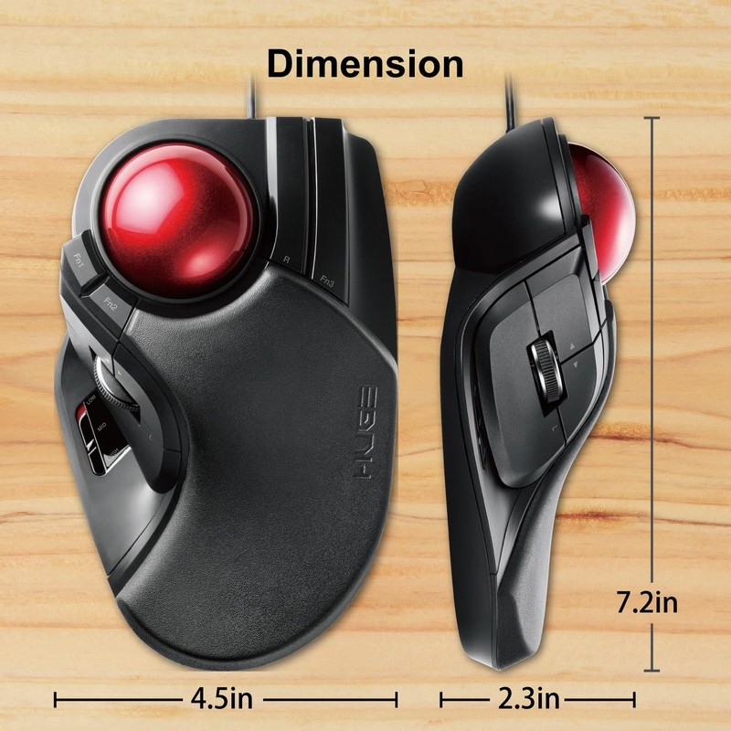 ELECOM HUGE Trackball Mouse, Wired, Finger-Operated, 8-Button Function, Palm Rest