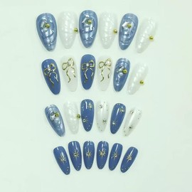 Sevgob Press on Nails Handmade Medium Almond Fake Nails with Gold Star Bow Charms Design Blue White Glue on Nails Water Ripple Rhinestone Pearl False Nails Reusable for Women Girls Manicure
