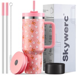 40 oz Tumbler with Handle and Straw, 2 Lids (2 in 1 & LeakProof Lid) - Vacuum Insulated Stainless Steel Double Wall Water Bottle Travel Mug - Holiday Gifts for Women Men - Flower Tiger