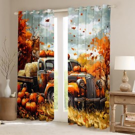 Manfei Autumn Thanksgiving Kids Window Curtains,Fall Truck Harvest Pumpkin Window Drapes for Boys Girls,Maple Leaves Rustic Orange Retro Window Treatments Grommet Top 2 Panel Set,38Wx54L inch