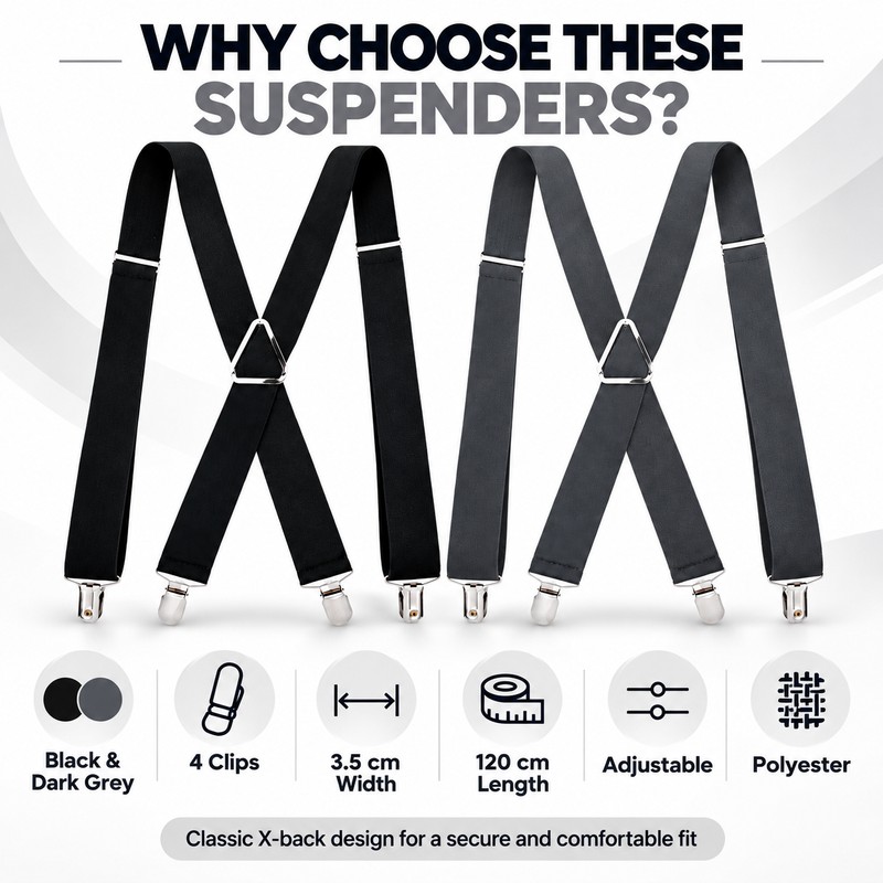 Adjustable 4-Clip Elastic X-Back Suspenders, 3.5 cm Wide Polyester Braces