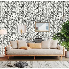 RANRAN Floral Peel and Stick Wallpaper, Black and White Wallpaper Self Adhesive for Bedroom Furniture Paper Removable Wall Decorations 17.3in x 236in（44 cm x 600 cm）