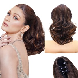 NAYOO Claw Clip Ponytail Extension Copper Brown 12" Short Wavy Ponytail Clip in Hair Extensions for Women Curly Natural Layered Pony Tails for Short Thin Hair Synthetic Hairpiece(Copper Brown)