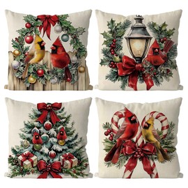 QIONG MENG Cardinal Christmas Decorations Vintage Christmas Pillow Covers Xmas Farmhouse Throw Pillows Covers Home Sofa Living Room Decorative Cushion Case 20x20 Inch Set of 4