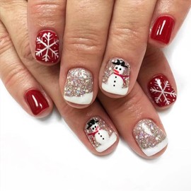 Glitter Winter Nude French Tip Press on Nails Short Square Fake Nails with Cute Snowman Snowflake Design Christmas Nail Art Silver Shiny Nail Tips Full Cover Xmas False Nails Red Nails for Women 24Pcs