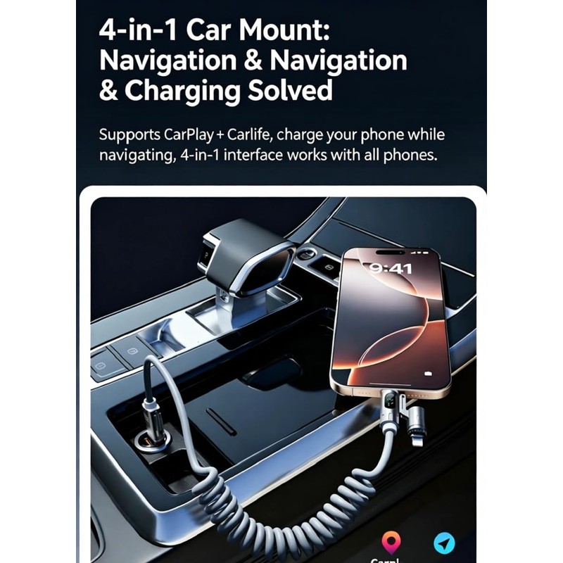 240W 4-in-1 Coiled Fast Charging Cable with LED Display, USB-A