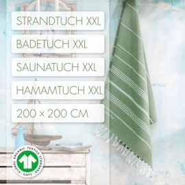 LeStoff Premium Hammam Towel XXL 200 x 200 cm - 100% Organic Cotton, Prewashed, Sustainable, Absorbent & Quick Drying, Picnic Blanket, Beach Towel, for Beach, Bathroom, Yoga, Camping & Travel (Olive Green)