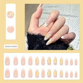 French Tip False Nails, Short Press on Nails with Glue 24pcs, Stick on Nails - Pink White French Design with Bow Yellow Flowers - Fake Nail Short Almond Pointed for Easy Home Application