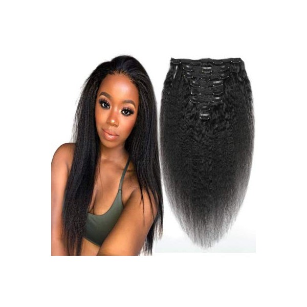 Afro Kinky Straight Clip in Hair Extension 100% Virgin Human Hair Double Weft Hair Extensions 12inch-28inch 8A Grade 8Pieces/ Set Natural Color for Black Women (14INCH/35CM)