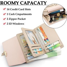 GOUNNU Women's PU Leather Purse RFID Protection Women's Purse Many Compartments Women's Wallet in Short Format with 14 Card Slots and Coin Compartment, pink, Contemporary